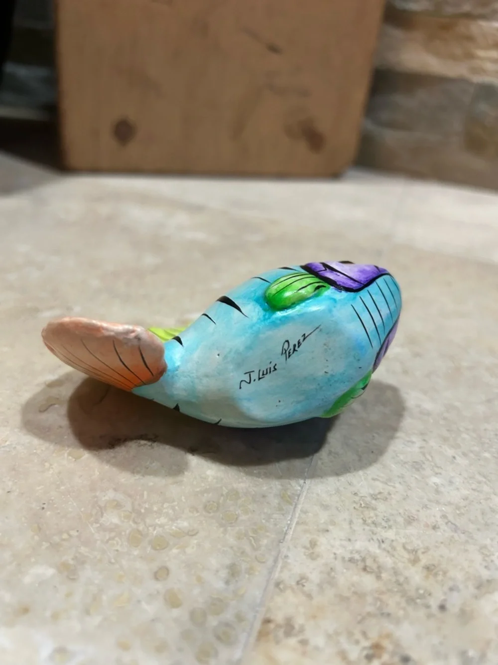 Vintage hand-painted Mexican folk art ceramic fish Signed By J Luis Perez